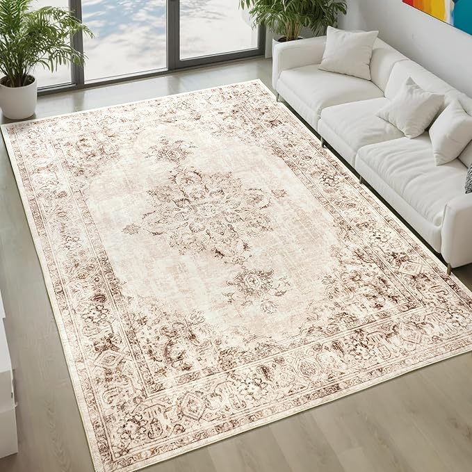 Area Rug 8x10, Washable Rug for Living Room, Large Area Rugs for Bedroom, Vintage Rug 8x10 for Dining Room, Non Slip Soft Low Pile Indoor Carpet for Kitchen, Nursery, Office, Farmhouse, Beige