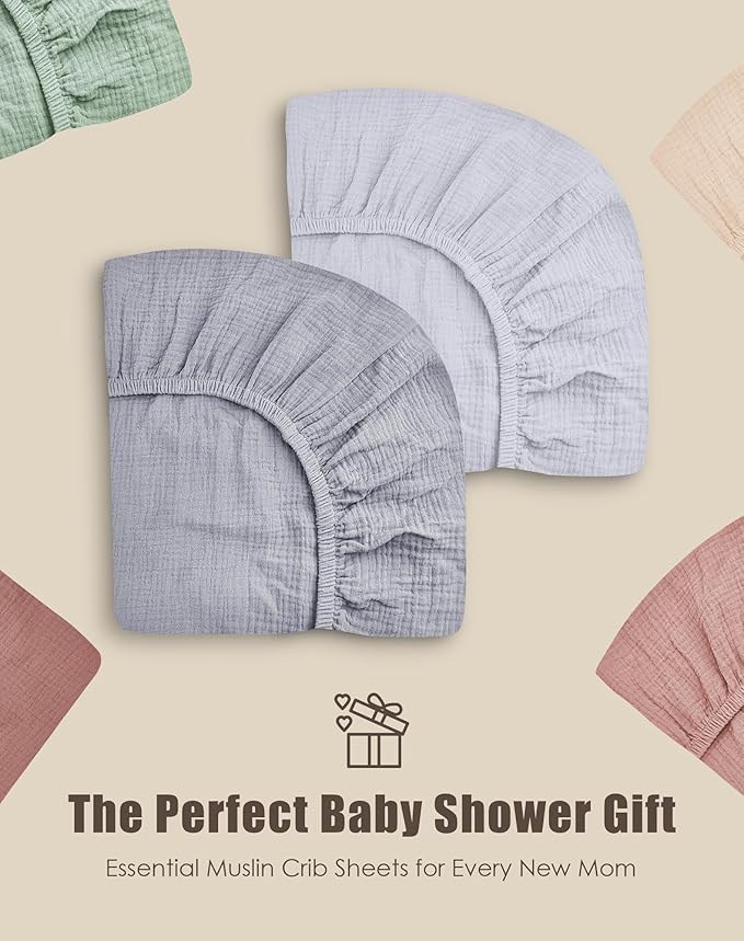 SWEET DOLPHIN 2-Pack Muslin Crib Sheets for Boys & Girls, Ultra Soft Breathable 40S Long-Staple Cotton Fitted Baby Sheets for Standard Crib Mattress 52"x28", Slate and Grey- Nursery Essentials