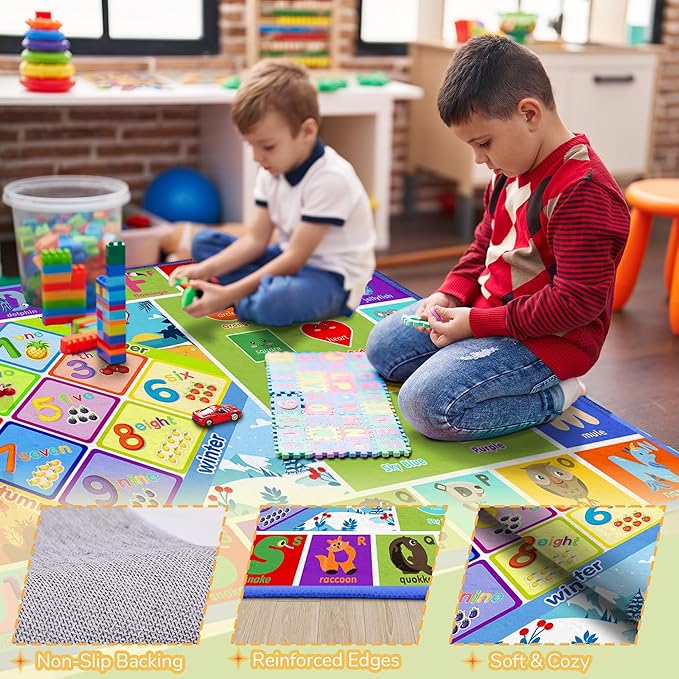 8x10 Kids Rug for Classroom & Playroom - ABC Alphabet Educational Area Rug with Animals Numbers & Shapes - Non-Slip Carpet Playmat for Nursery Preschool Elementary