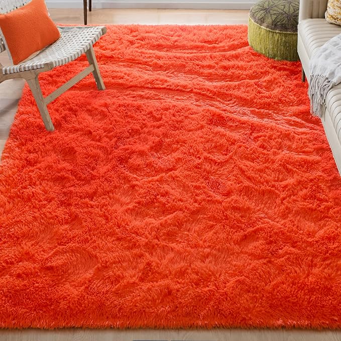 Merelax Soft Modern Indoor Shaggy Area Rug for Bedroom Livingroom Dorm Kids Room Home Decorative, Non-Slip Plush Fluffy Furry Fur Rugs Comfy Nursery Accent Floor Carpet 4x5.9 Feet, Orange Red