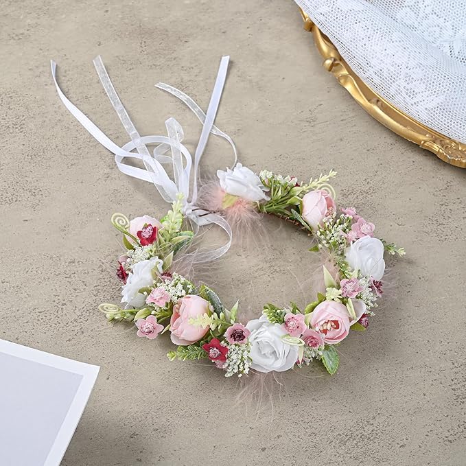 Baby Girls Flower Crown Flower Girl Headpiece Boho Little Wreaths for Weddings, Family Photography (Burgundy Pink)