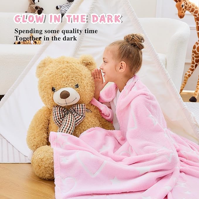 inhand Birthday Gifts Toys for Girl Pink Heart Glow in The Dark Blanket Thanksgiving Throw Blanket Cute Kids Blanket Soft Fleece Throw Blanket for Kids(40x60 Pink Heart)