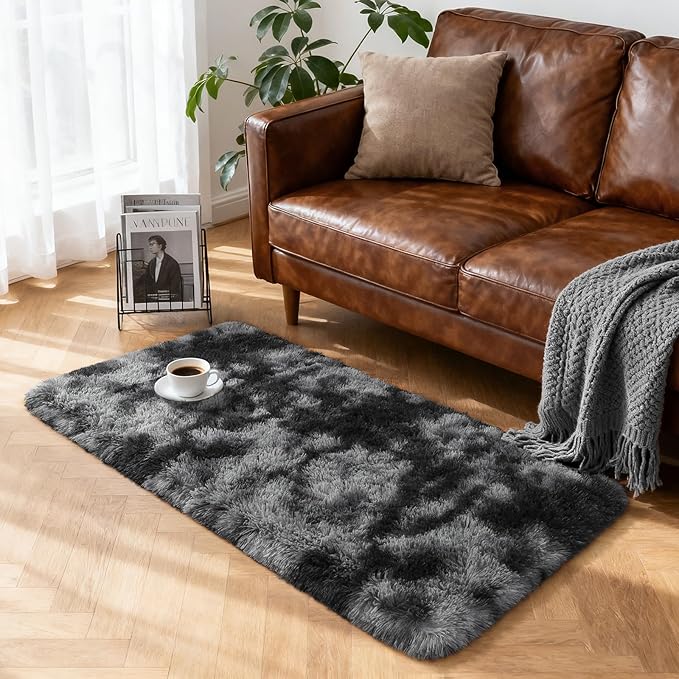 Merelax Soft Area Rugs for Livingroom Bedroom, Shaggy Plush Fuzzy Fluffy Carpet Furry Fur Rug, Modern Indoor Comfy Nursery Kids Dorm Home Decor Floor Mat, 2 x 4 ft, Tie-Dyed Black & Grey
