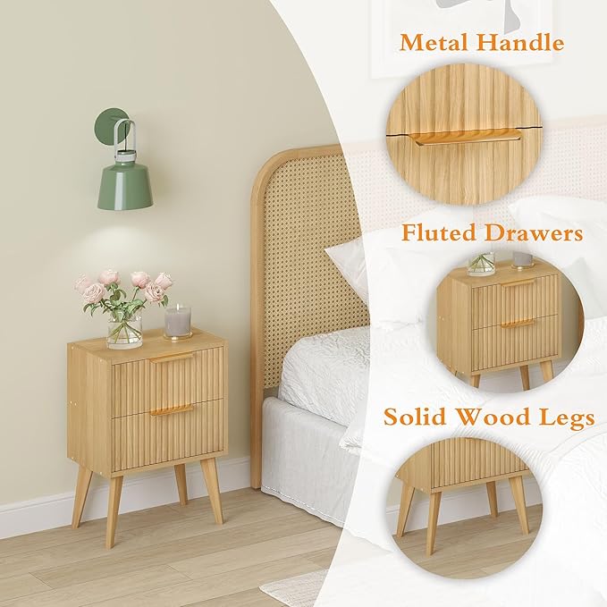Nightstand with 2 Drawers,Fluted Bedside Table,Natural Wood Night Stand,Light Wood Side Table with Solid Wood Legs,End Table for Living Room,Bedroom,Small Space Natural CTG55Y
