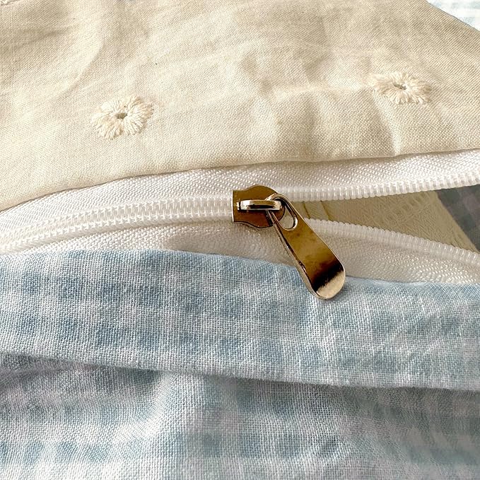 LifeTB Blue Gingham Duvet Cover King 3 Pieces Blue Plaid Comforter Cover with Chic White Lace Soft Microfiber Checkered Grid Duvet Cover with 2 Pillowcases Breathable Gingham Plaid Bedding Set