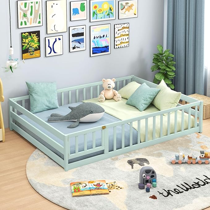 Giantex Full Floor Bed with Door & Fence, Kids Wood Montessori Beds with Safety Guardrails, Floor Bed Twin for Kids, Boys, Girls, No Box Spring Needed, Mint Sky