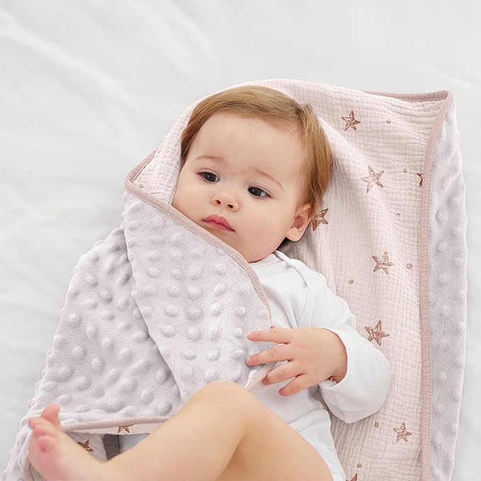 Susurration Baby Blanket for Unisex Boys Girls, Soft Nursery Minky Blanket with Muslin Cotton Front and Dotted Fleece Back, Receiving Blanket for Baby Newborn Infant, 30x40inch (Pink Star)