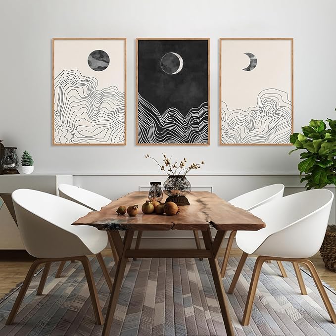HLNIUC Black and White Abstract Wall Art Set of 3, Large Boho Framed Canvas Decor(24x36), Modern Celestial Sun Moon Painting, Geometric Line Mountain Art Print for Living Room, Bedroom, Office