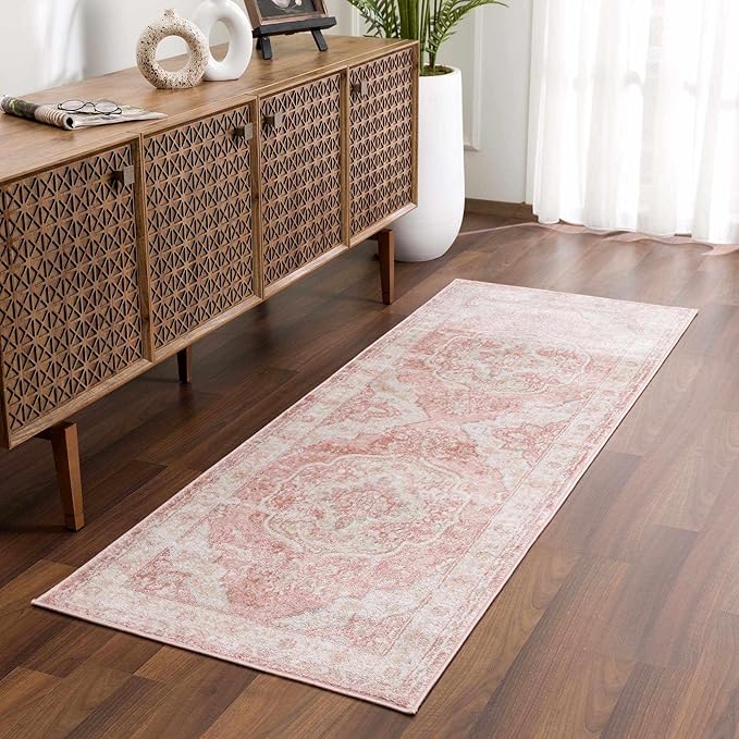 BoutiqueRugs Blush & Light Pink Collection Kandos Bohemian Oriental Medallion Area Rug - Traditional Floral Carpet for Living Room, Bedroom - Blush, Dusty Pink, Cream - 7'10" Square