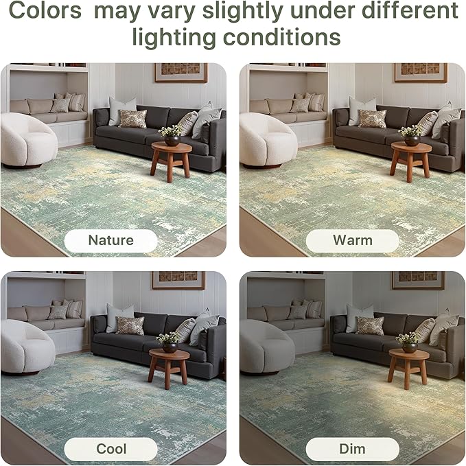 8x10 Area Rugs Washable Green Rug for Living Room Bedroom, Abstract Modern Large Rug Non Slip, Water Repellent Low Pile Soft Carpet for Dining Room, Grey Green