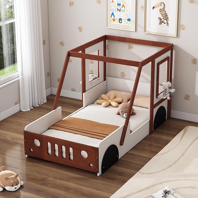 Cute Fun Play Design Twin Size Car Bed,Kids Platform Bed with Car-Shaped Headboard and 2 Windows,Solid Wood Car Bed Frame with Strong Slatted Support for Kids Teens,Can be Decorated