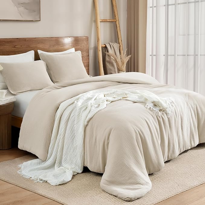 PHF Cotton Muslin Comforter Set King Size, Ultra Soft, Breathable & Lightweight All-Season Bedding, Filling: 100% Polyester, 3 Pieces with 1 Comforter 104"x90" and 2 Pillow Shams 20"x36", Natural