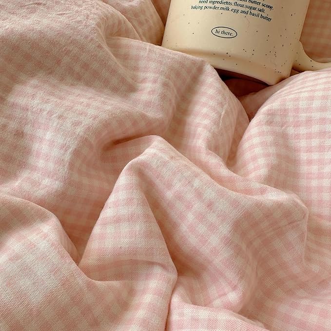 LifeTB Pink Gingham Duvet Cover Twin Size 3 Pieces Romantic Lace Duvet Cover Pink Plaid Checkered Comforter Cover with 2 Pillowcases Soft Breathable Microfiber Grid Farmhouse Plaid Bedding Set
