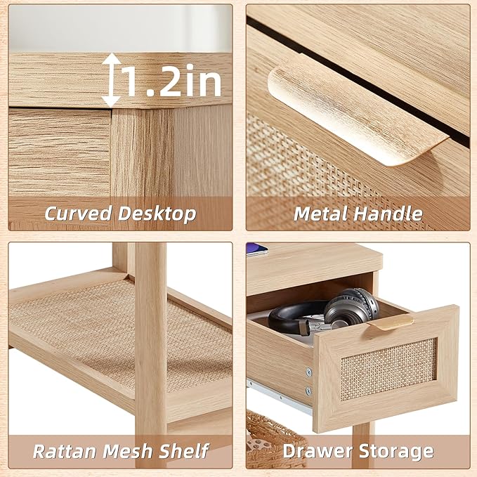 Lerliuo Rattan Night Stand Set of 2, Narrow Nightstand with Charger Station, Boho Bed Side End Table with Drawer Rattan Shelf for Small Spaces, Natural Wood Bedside Tables for Living Room Bedroom