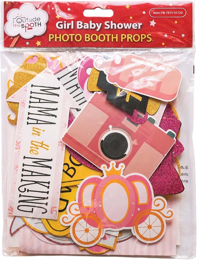 Girl Baby Shower Photo Booth Props - 41-pc Photobooth Kit with 8 x 10-Inch Sign, 60 Adhesive Pads, 45 Sticks - Baby Photo Booth Props Girl - Photo Props for Baby Shower