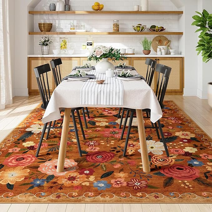 8x10 Washable Area Rug for Living Room, Floral Non-Slip Non-Shedding & Easy Care, Large Soft Low Pile Indoor Floor Carpet for Living Room, Bedroom, Farmhouse, Dining Room, Kids Playroom, Orange