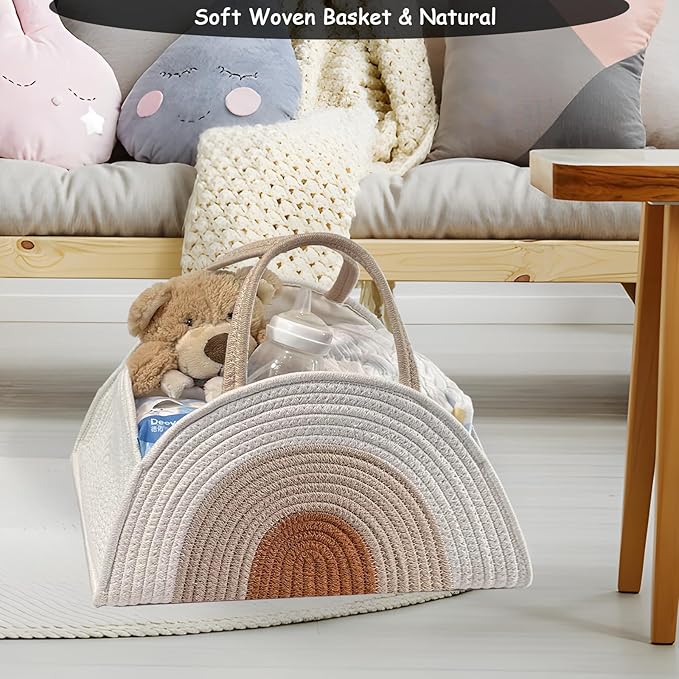 COMFY-HOMI Diaper Caddy Organizer with Gift Bags and Ribbons - Sturdy Cotton Rope Basket for Baby Girl & Boy Newborn Essentials, Large Baby Gift Bag, Nursery Storage Caddy with Handles (white Brown)