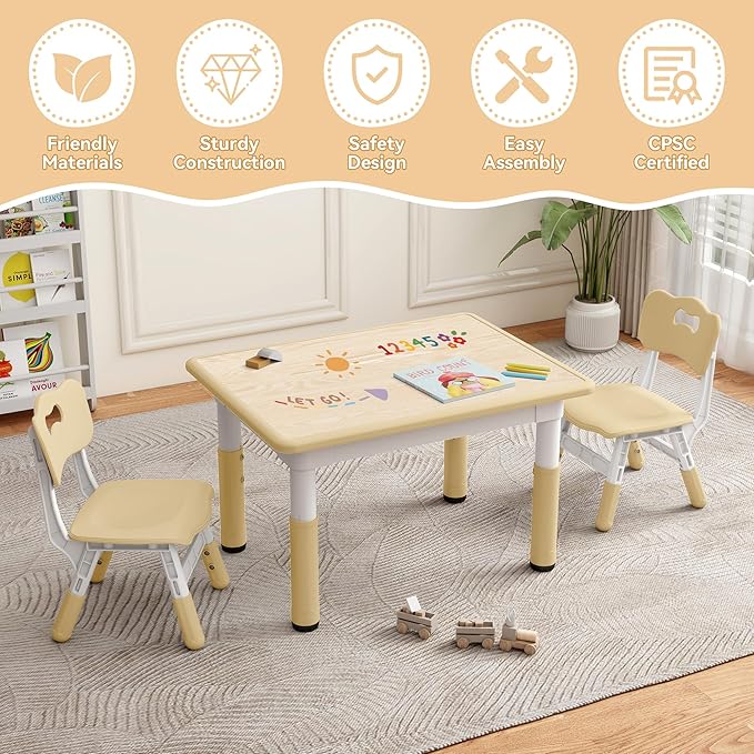 Kids Study Table and Chairs Set, Height Adjustable Toddler Table and Chair Set for Kids Ages 3-8, 31.5" L x 23.6" W Graffiti Desktop Plastic Children Art Table with 2 Seats, Brown