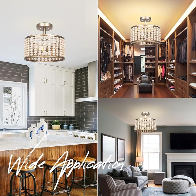 Boho Light Fixture - Wood Beaded Semi Flush Mount Ceiling Light, Modern Farmhouse Chandelier, Golden 2 Lights Nursery Light Fixture for Bedroom Hallway Foyer Kitchen Island Living Room, E26 Base