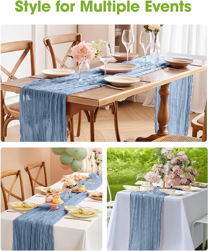 Pureegg 2-Pack Cheese Cloths Table Runner, 120'' Boho Table Cloth Decorations for Party, Baby Shower, Wedding and Farmhouse, Fabric Room Decor, Dusty Blue