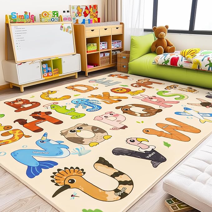 Kids Rugs for Playroom, 8x10 Feet Educational Rug for Learn The ABC Alphabet, Soft Machine Washable Non-Slip Cute Animal Carpet for Classroom Toddler Nursery Kids Room Decor Mat, Beige