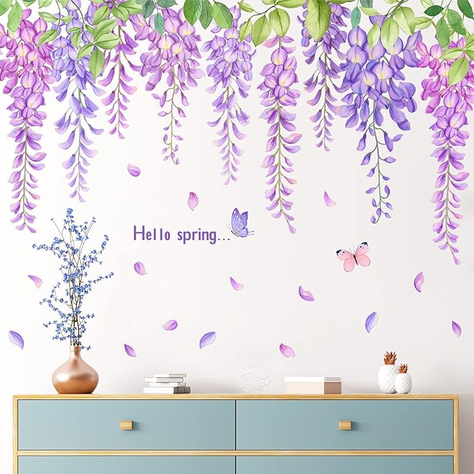 3D Removable Hanging Purple Blue Flowers with Green Leaves Wall Stickers Murals DIY Peel and Stick Flower Vines Floral Wall Decal for Home Wall Corner Kids Bedroom Living Room Nursery Decoration