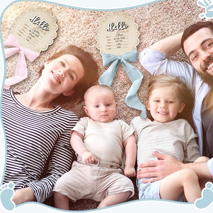 Baby Announcement Sign 7 Inch Double Sided Wooden Hello World Newborn Engraved Sign with Organza Bag Marker Pen Ink Pad Ribbon Bow for Baby Shower Hand Footprints Photo Prop (Blue Bow)
