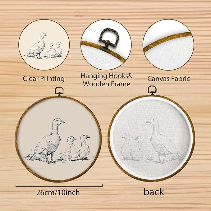 Hiuwevt Vintage Duck Round Wall Art Decor, Minimalist Duck Sketch Framed Canvas Prints, Retro Rustic Farmhouse Animal Round Wall Hanging Decor for Bedroom Home Living Room Decorations, 10x10 Inches