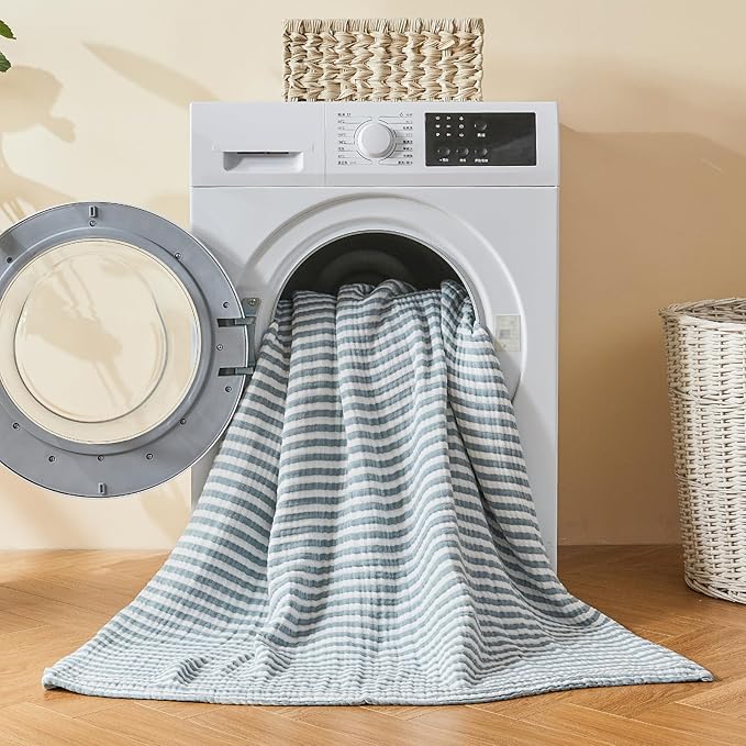 EMME Cotton Muslin Twin XL Blanket Breathable Gauze Soft Lightweight Adults Gifts for Women (Striped Teal, 66"x90")