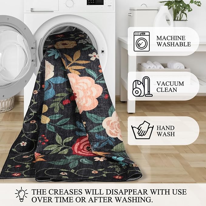DUKINO 2x5 Runner Rug for Hallway, Washable Kitchen Floral Runner Rug with Non Slip Backing, Low Pile Soft Boho Carpet for Kitchen, Hallway, Entryway, Laundry, Bedroom, Black