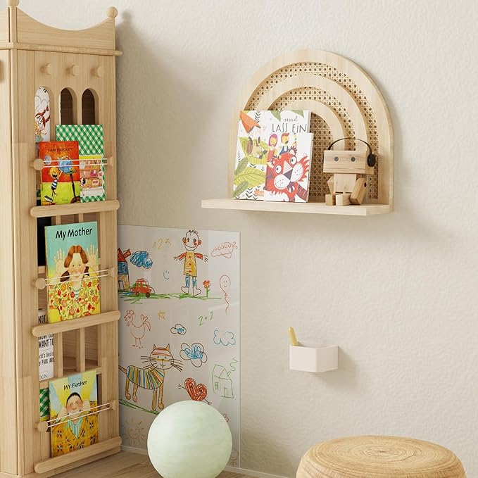 Natural Rattan Shelf, Handmade Woven Hanging Shelf for Storage and Decor, Rustic Farmhouse Boho for Kids, Bedroom, Office