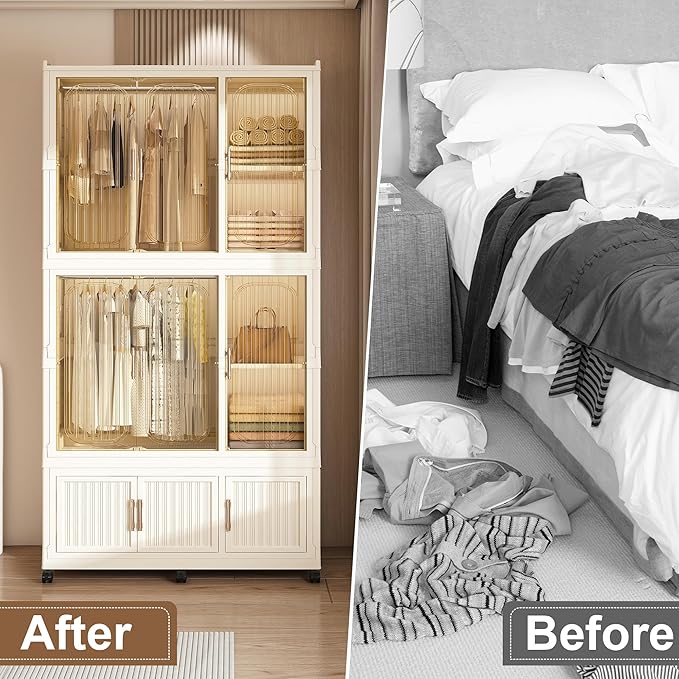 Portable Closet Wardrobe, Foldable Clothes Organizer with 9 Cubes Storage, Easy Assemble Clothing Organizer with Magnet Doors, Wardrobe Storage Cabinet for Kids,Baby,Adult (36" L x 77" H)