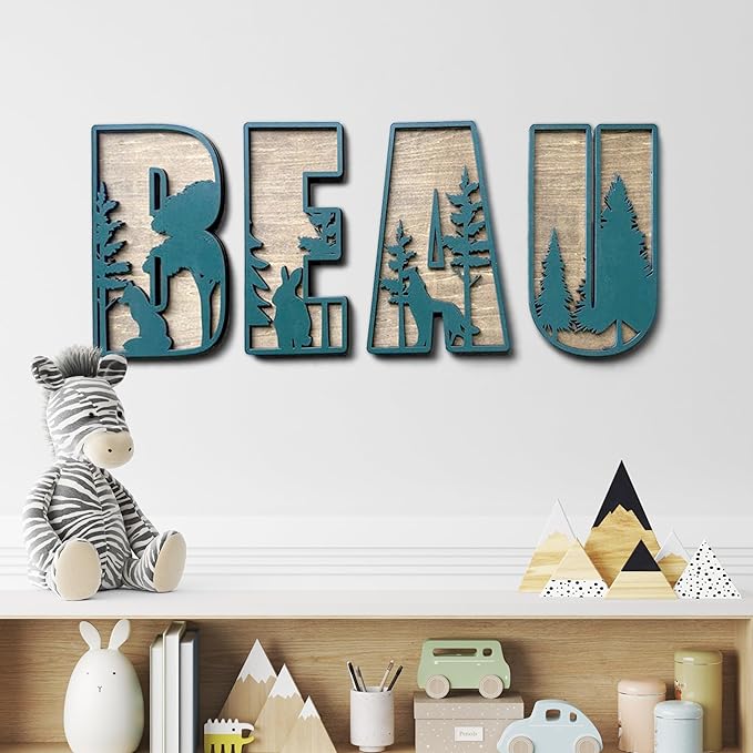 Personalized Wooden Name Sign - Custom Baby Name Signs for Nursery & Kids Room, Baby Announcement Sign, Wall Name Signs Personalized, Round Wooden Letters for Nursery Decor (Woodland 3D)