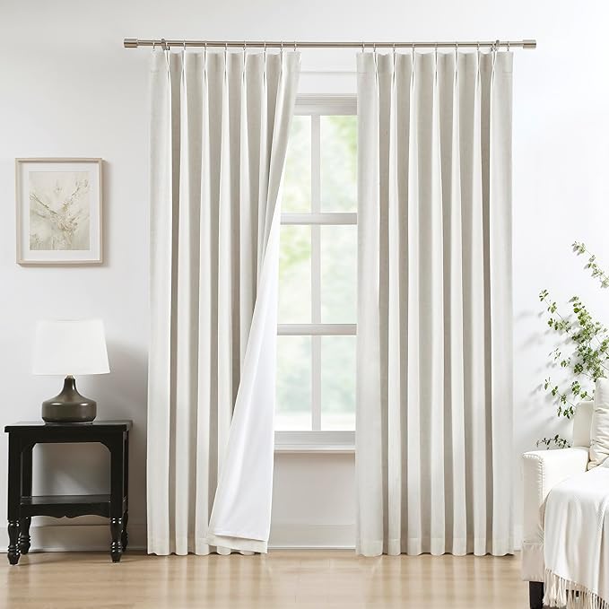 Natural Pinch Pleated Full Blackout Curtains Linen Texture Noise Reducing Window Treatment Panel 84 Inch Long for Living Room Bedroom Thermal Insulated Back Tab Drapes with Hooks, 2 Panel, 40"Wx84"L
