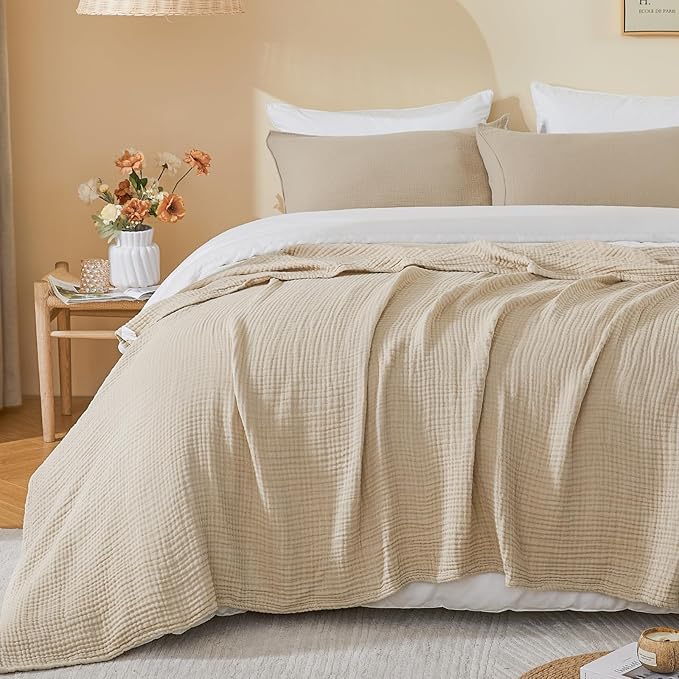EMME Cotton Muslin King Blanket Breathable Gauze Soft Lightweight Blankets Adults Gifts for Women (Beige, 108"x90")