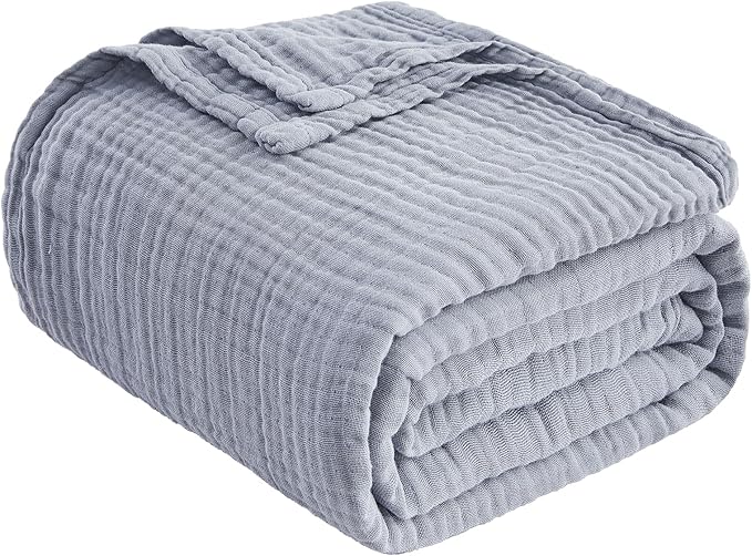 EMME Cotton Muslin King Blanket Bed Layering Breathable Gauze Blanket Soft Lightweight Blankets Adults (Dusty Blue, 108"x90")