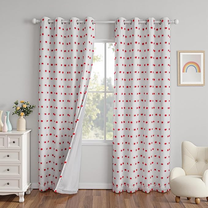 MYSKY HOME Blackout Curtains for Nursery Thermal Insulated Red Pom Pom Curtains 72 Inch Long for Girls Bedroom 2 Panels White Sheer Curtains for Kitchen Dining Room Door Grommet, 52 x 72 in