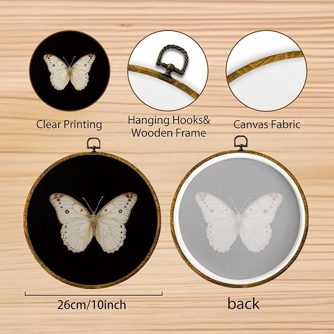 Hiuwevt Vintage White Butterfly Round Wall Art Decor, Retro Antique Moth Hanging Canvas Prints Artwork Framed, Neutral Moody Insect Circular Wall Decor for Home Bedroom Living Room, 10x10 Inch