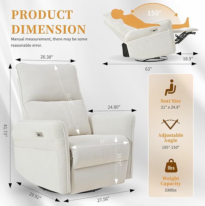 Power Swivel Rocker Recliner Chair for Nursery, Upholstered Snowflake Velvet 270°Swivel Glider Rocker Chair with USB Ports, Small Power Recliners for Small Spaces Living Room