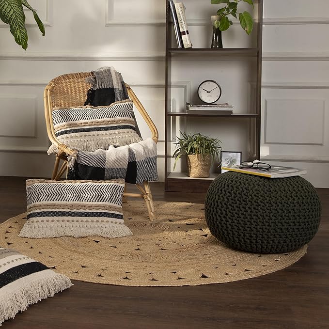 REDEARTH Round Hand Knitted Pouf - Foot Stool Bean Bag Ottoman - Cord Boho Pouffe - Poof Accent Beanbag Footrest for Living Room - Bedroom - Patio - Lounge (19.5"x19.5"x14") - Olive