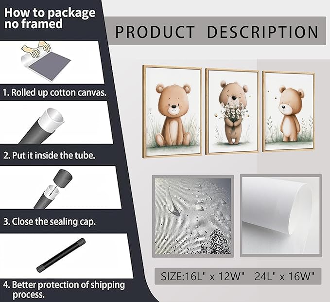 3Pcs Cute Bear Nursery Wall Art Cute Animals Flower Painting Picture Wall Decor Boho Teddy Bear Poster Print Artwork for Children Room Baby Room Nursery Boy Room Girl Room Home Decoration