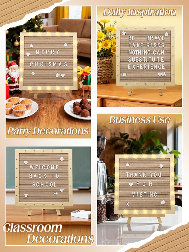 Changeable Felt Letter Board with LED Lights - 10×10" Message Custom Signs & Wood Stand & 450 Letters, Poster Board for Christmas/Pregnancy/Baby Announcement/Classroom Wall Decor Gifts, Camel