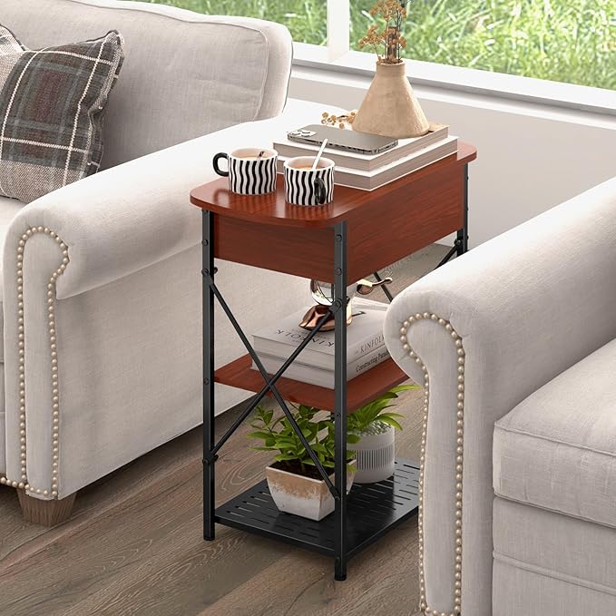 Livofloral Narrow Side Table with Charging Station, End Table with 3 USB Ports and 2 AC Outlets, Flip Top End Table with Storage, End Tables Living Room, Nightstand with Drawer for Bedroom, Cherry