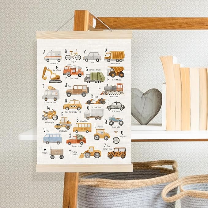 Welshower Transport Alphabet Nursery Poster Hanger Frame, Transport Alphabet Educational Wall Art Prints Decor for Classroom Toddler Kids Nursery Bedroom Playroom Framed, 12x16 Inch