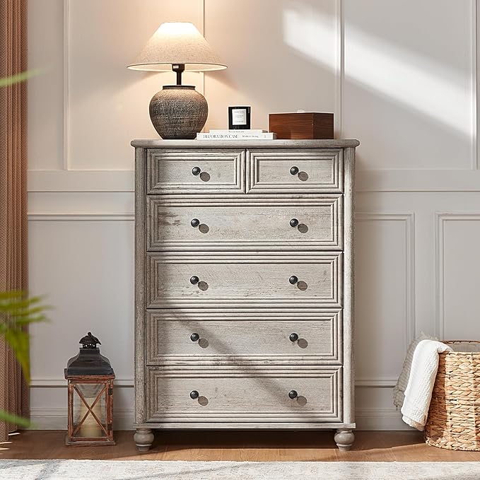 Farmhouse 6 Drawer Dresser Set of 2, Grey Chest of Drawers, 43.5" Tall Dressers for Bedroom with Roman Column and Metal Handles, Rustic Wood Storage Organizer for Living Room, Hallway, Closet