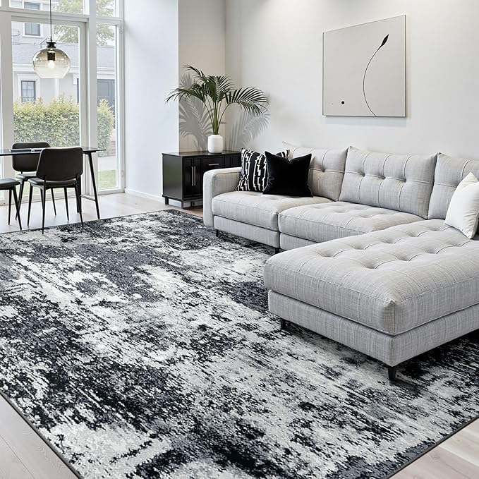 Washable Area Rugs 4'x5' Non-Slip Modern Abstract Soft for Living Room Entryway Bedroom Nursery, Print Pattern, Black Gray