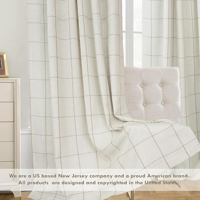DriftAway 2 Panels 100% Blackout Windowpane Plaid Linen Curtains Double Layer Drapes for Bedroom 72 Inches Long Farmhouse Thermal Insulated 3.25 Inch Rod Pocket Back Tab for Living Room Taupe
