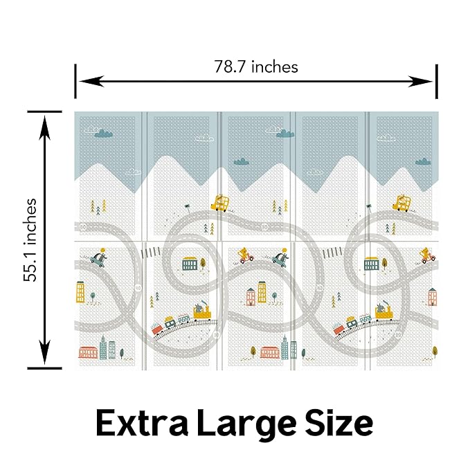 Baby Foldable Play Mat for Baby - Happy Travel Floor Mats design - Perfect Tummy Time Mat & Nursery Rug - Portable Playroom Rug, Indoor/Outdoor, Waterproof, Made in Korea - Large 79" x 55"
