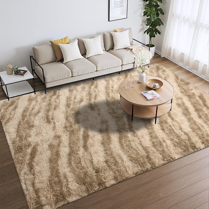 Merelax Area Rugs for Living Room Bedroom, Machine Washable 4x6 Feet Soft Fluffy Shaggy Bedside Rug, Indoor Floor Carpet for Kids Dorms, Nursery Rooms, Playroom, Home Decor Aesthetic, Beige/Brown
