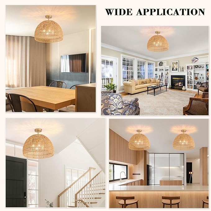 Rattan Ceiling Light Fixture, 4-Light Boho Semi Flush Mount Ceiling Light, 20" Wicker Light Fixture with Handmade Woven Cage Lampshade, Rattan Chandelier for Bedroom Hallway Nursery Kitchen Farmhouse